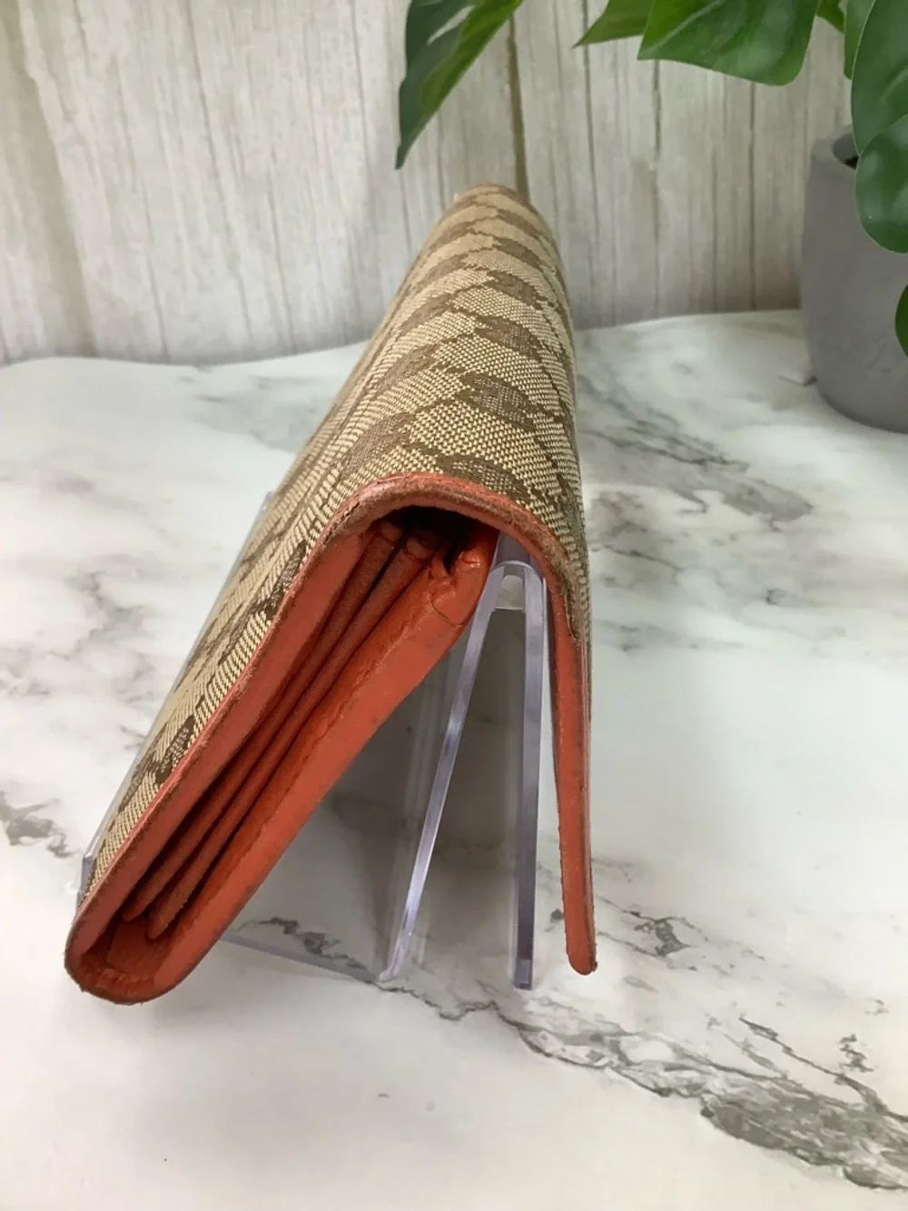 GUC Gucci Brown GG Canvas Wallet with Orange Trim and Gold Plaque - Picture 3 of 15